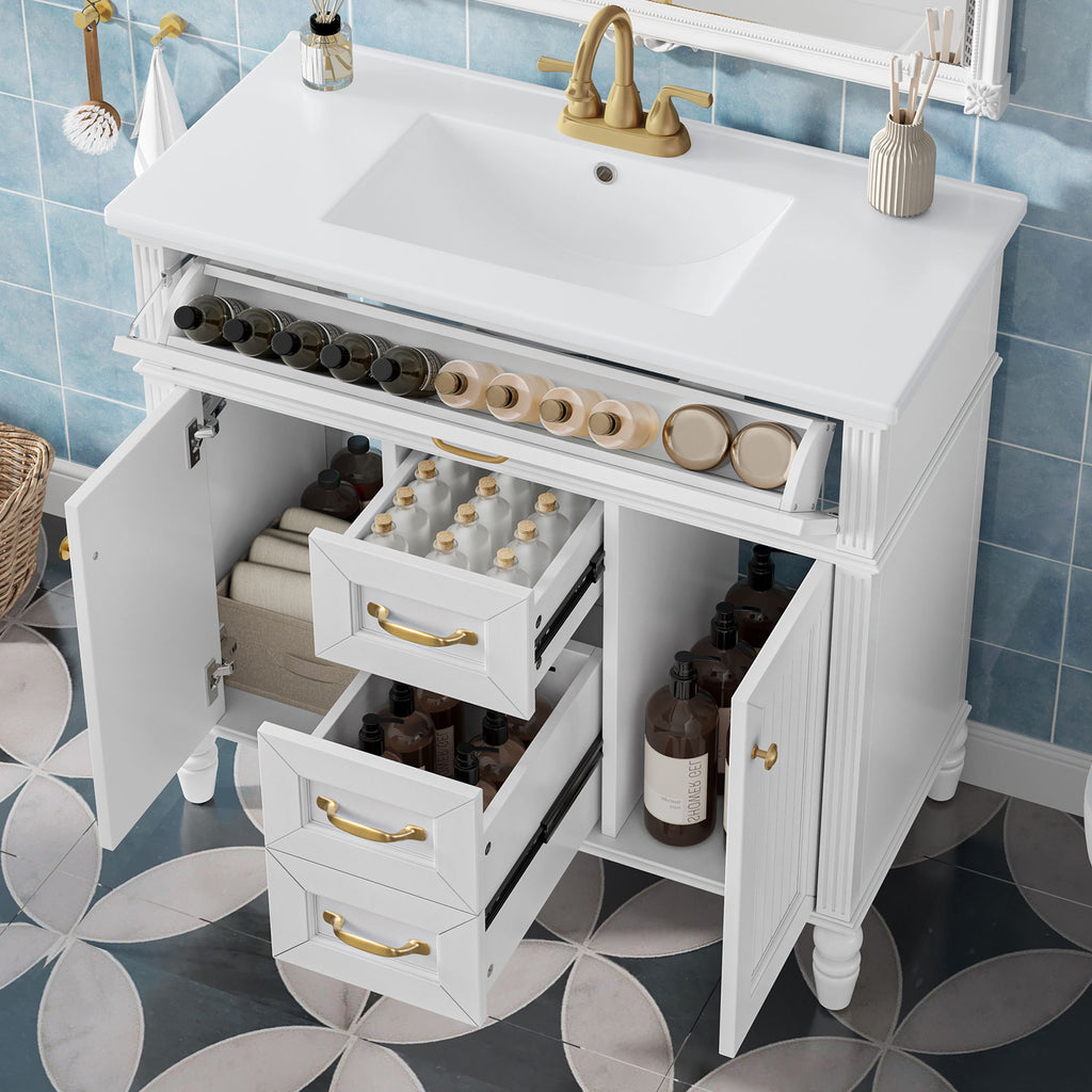 Bathroom Vanity With Sink, Flip-Out Top Drawer, Soft Close Doors, 2 Storage Drawers