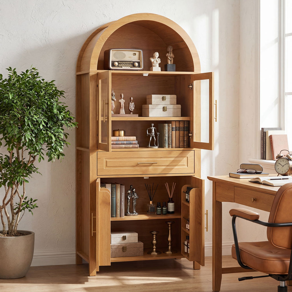 Arched Kitchen Pantry Cabinet With Adjustable Shelves And Barn Door Design