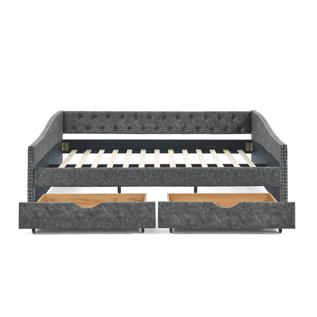 Queen Size Upholstered Daybed With Tufted Back And Nail Trimmed Waved Arms - Gray