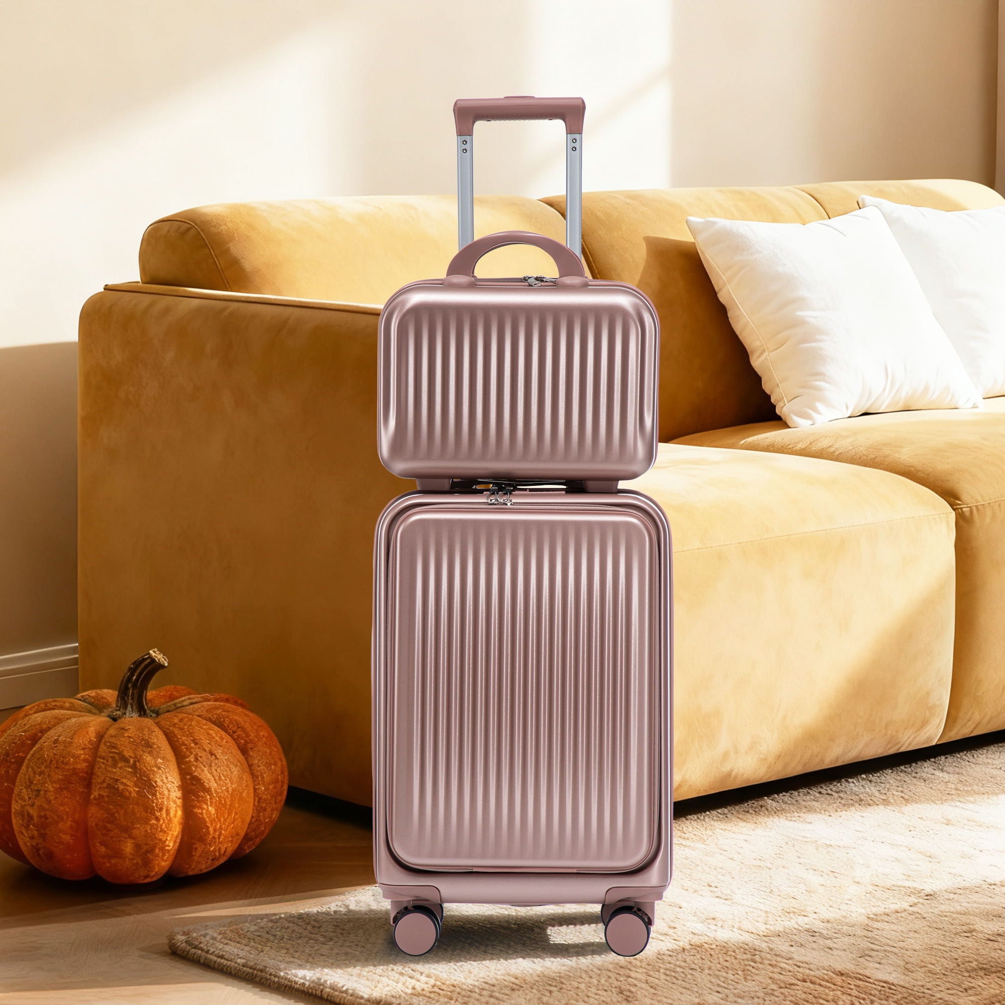 Luggage Set With Cosmetic Case, Combination Lock, Front Opening Design