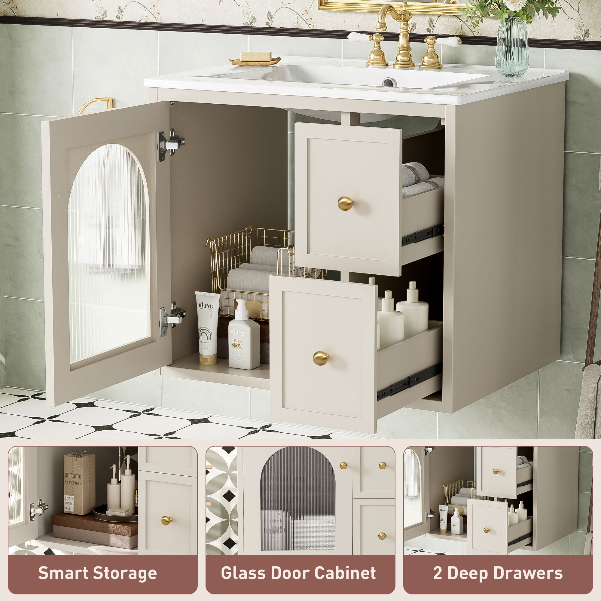 Wall-Mounted Bathroom Vanity Set With Sink, 2 Drawers And Soft-Close Door