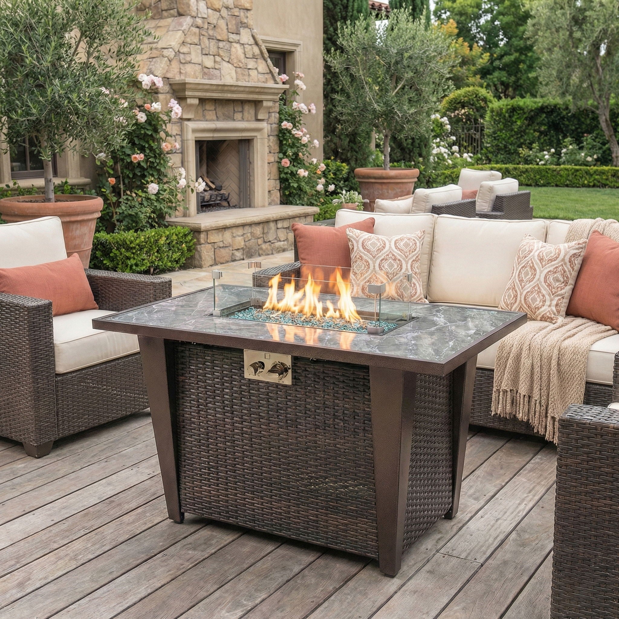 Fire Pit Table, Glass Wind Guard And Rain Cover, Lid - Brown