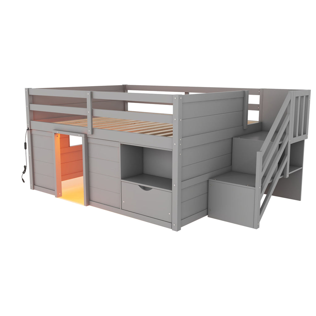 Low Loft Bed Frame With Built In Stairs, Storage Drawer, Shelf And 7 Color LED Light