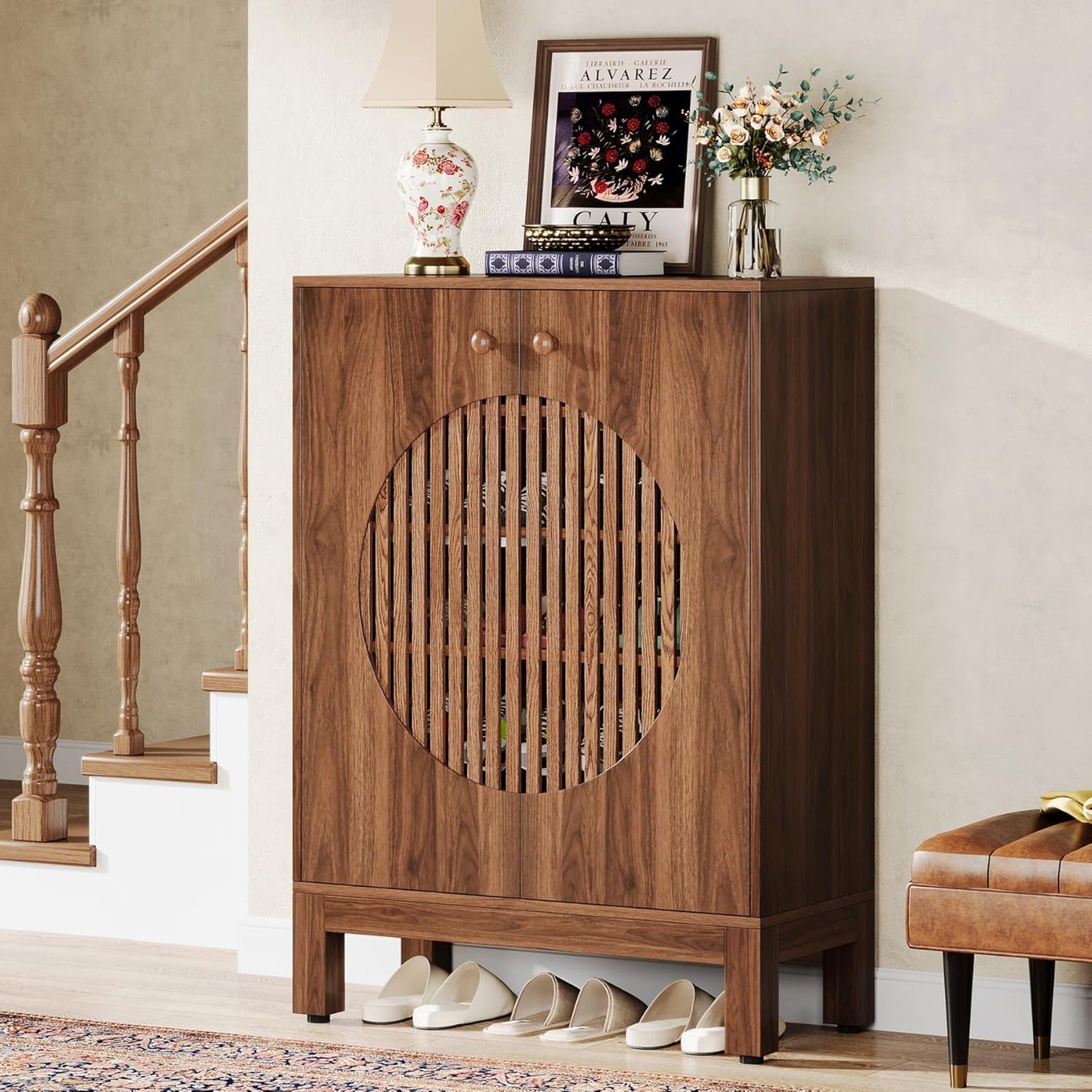 5 Tier Shoe Cabinet With Round Louvered Doors, Storage Organizer - Brown