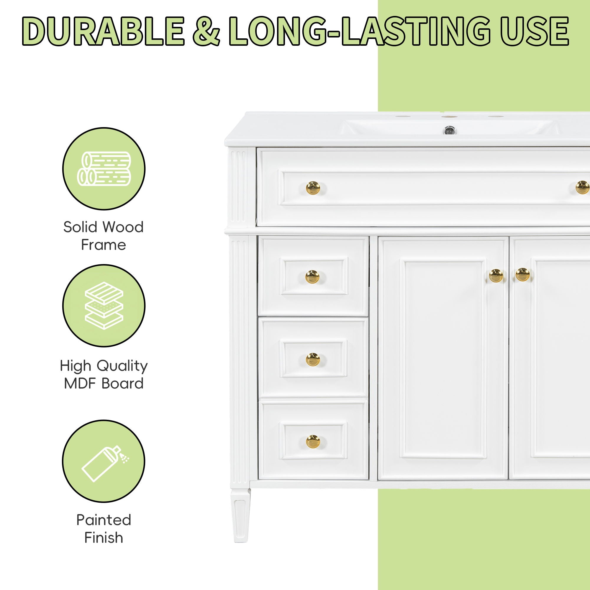 Bathroom Vanity With Sink, 3 Drawers & 2 Doors