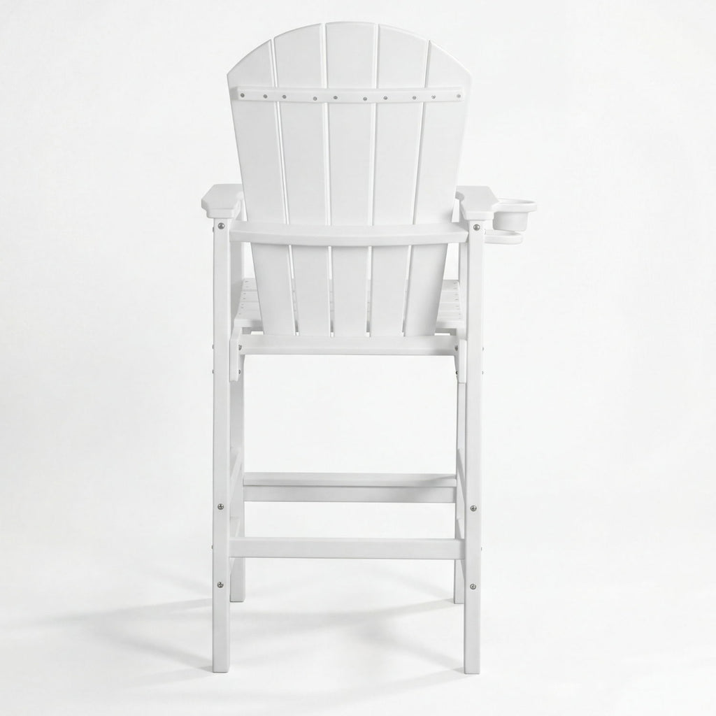 Outdoor Bar Height Adirondack Patio Chair With Cup Holder And Armrests All Weather UV Resistant - White