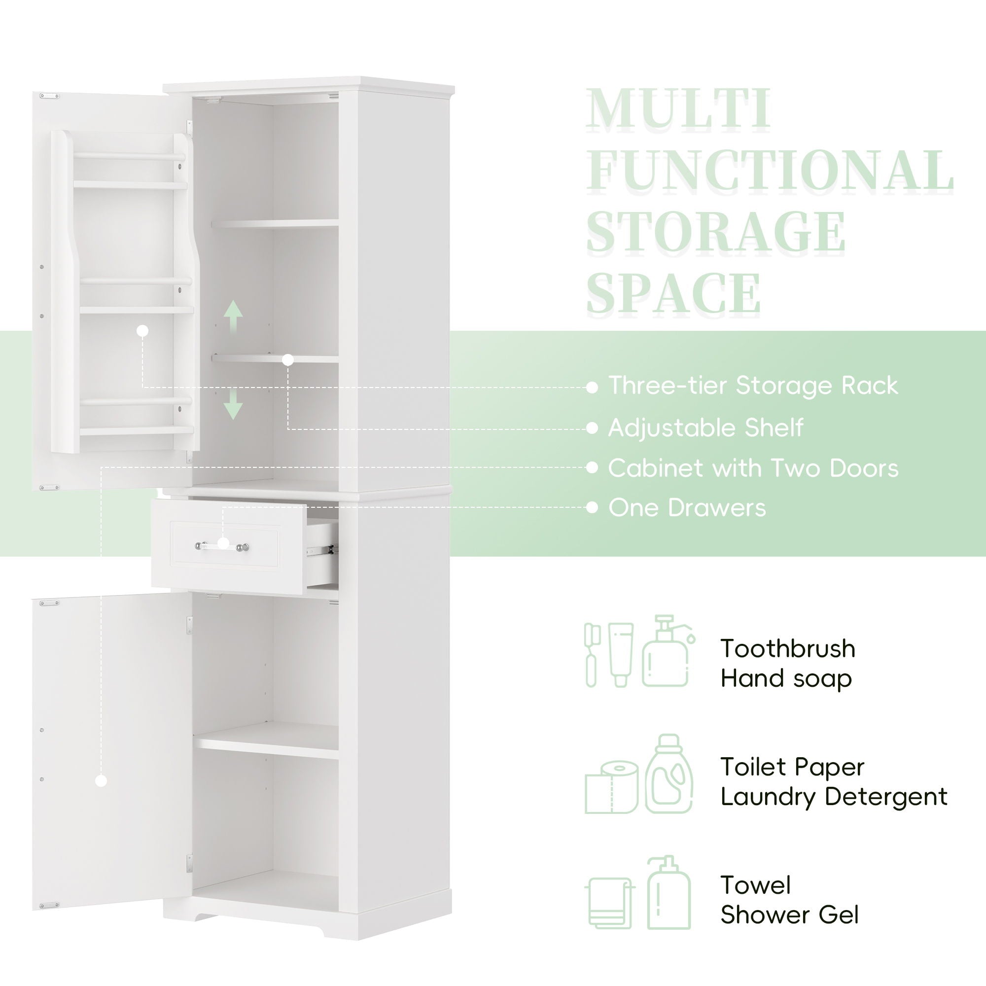 Tall Freestanding Bathroom Storage Cabinet With Adjustable Shelf, 2 Door Design