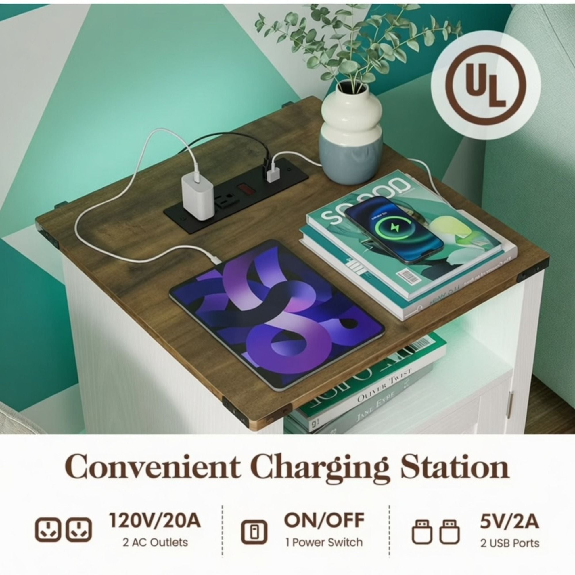 Farmhouse Nightstand With Charging Station & Storage