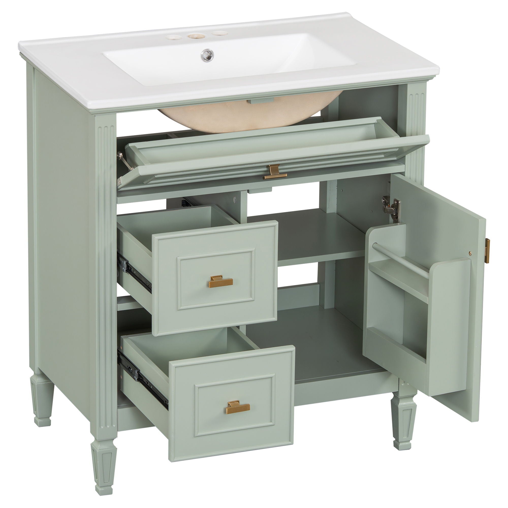Modern Bathroom Vanity With Sink, 1 Flip Drawer And 2 Drawers, Adjustable Shelf