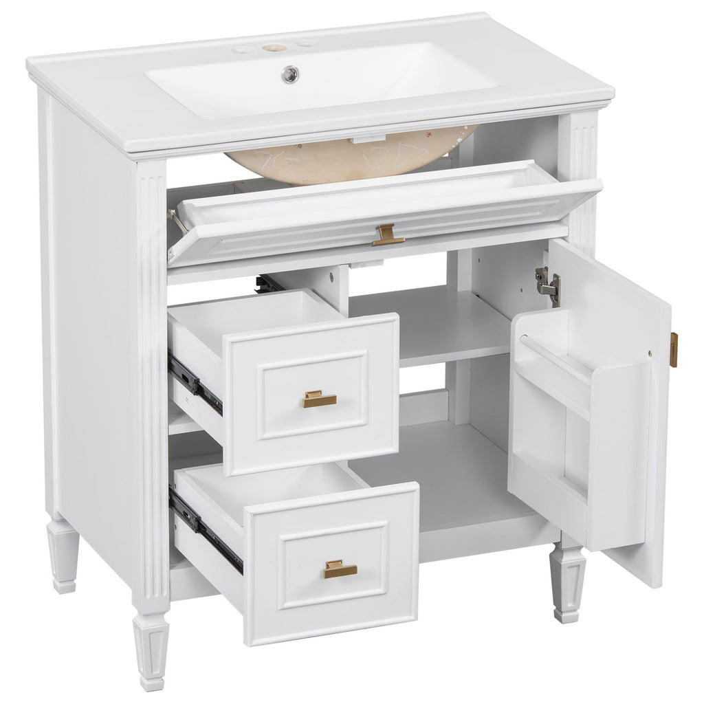 Modern Bathroom Vanity With Sink, 1 Flip Drawer And 2 Drawers, Adjustable Shelf