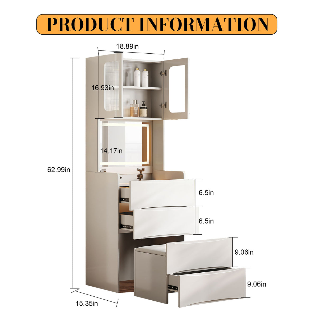 3 In 1 Vanity Table With LED Mirror & Storage Stool For Bedroom