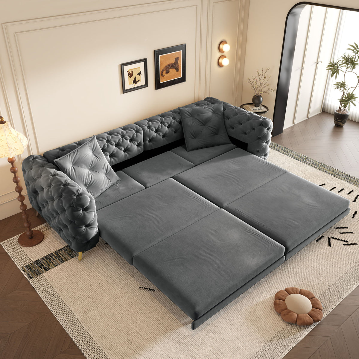3 In 1 Convertible Sleeper, Deep Seat Pull Out Sofa Bed, Button Tufted
