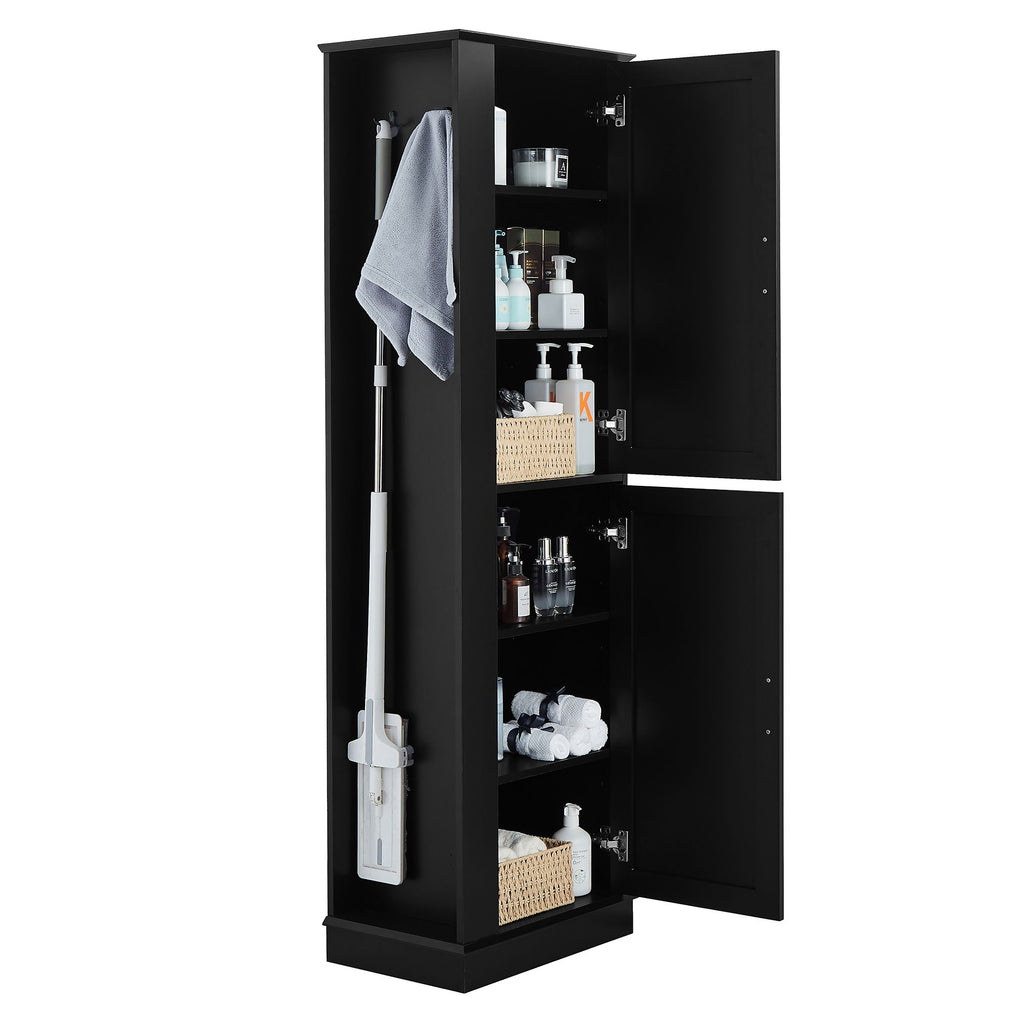 Tall Freestanding Bathroom Storage Cabinet With Adjustable Shelves And Side Hooks