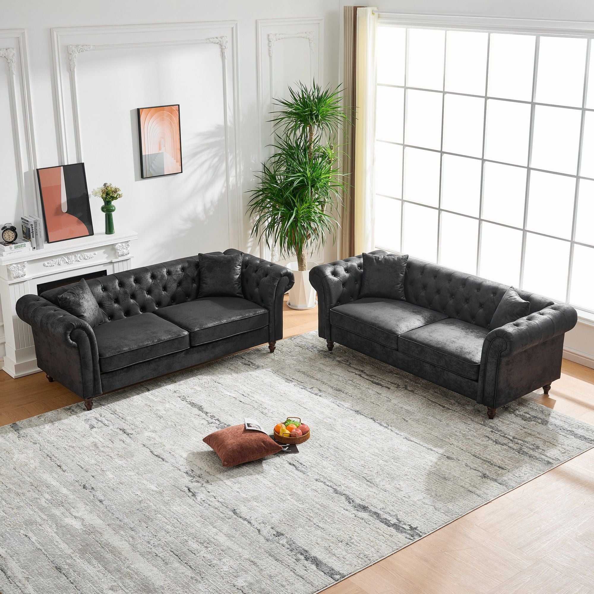 Chesterfield Sofa, High Tech Fabric Roll Armrest, 3 Seater Couch - Black