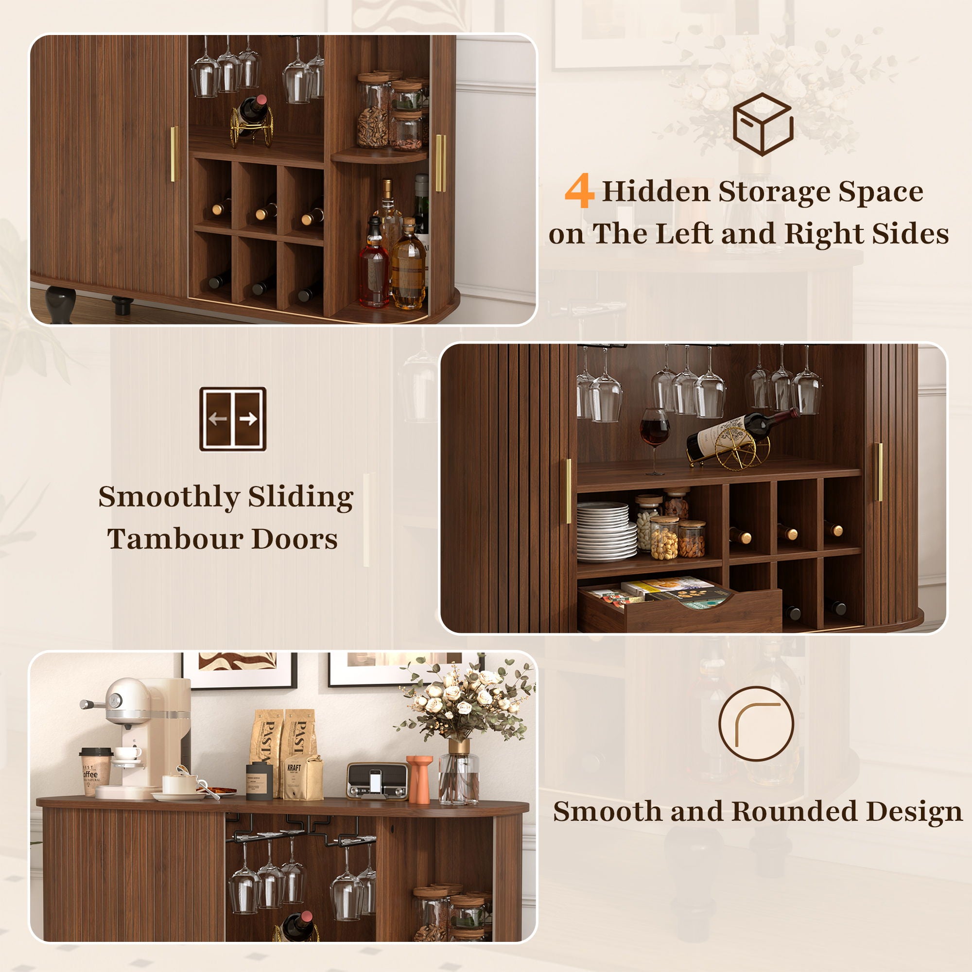 Fluted Liquor & Coffee Bar Cabinet With 6 Wine Racks And 3 Glass Holders