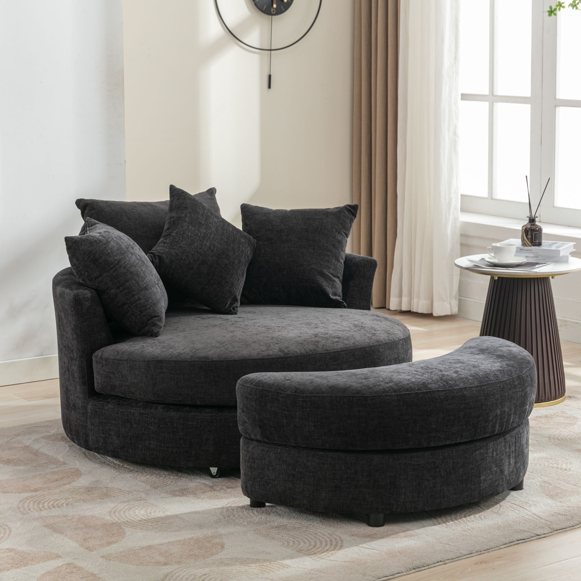 360° Swivel Accent Barrel Chair With Storage Ottoman & 4 Pillows, Modern Leisure Chair Round Accent For Living Room