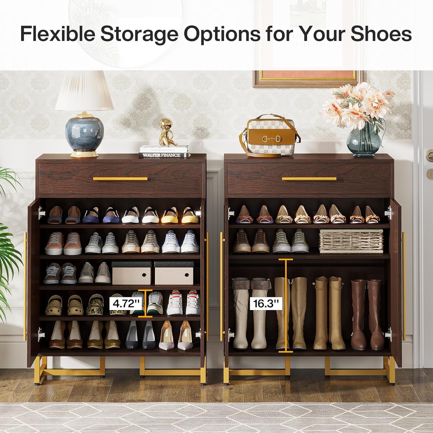 Shoe Cabinet With Doors, 6 Tier Storage Organizer - Dark Walnut