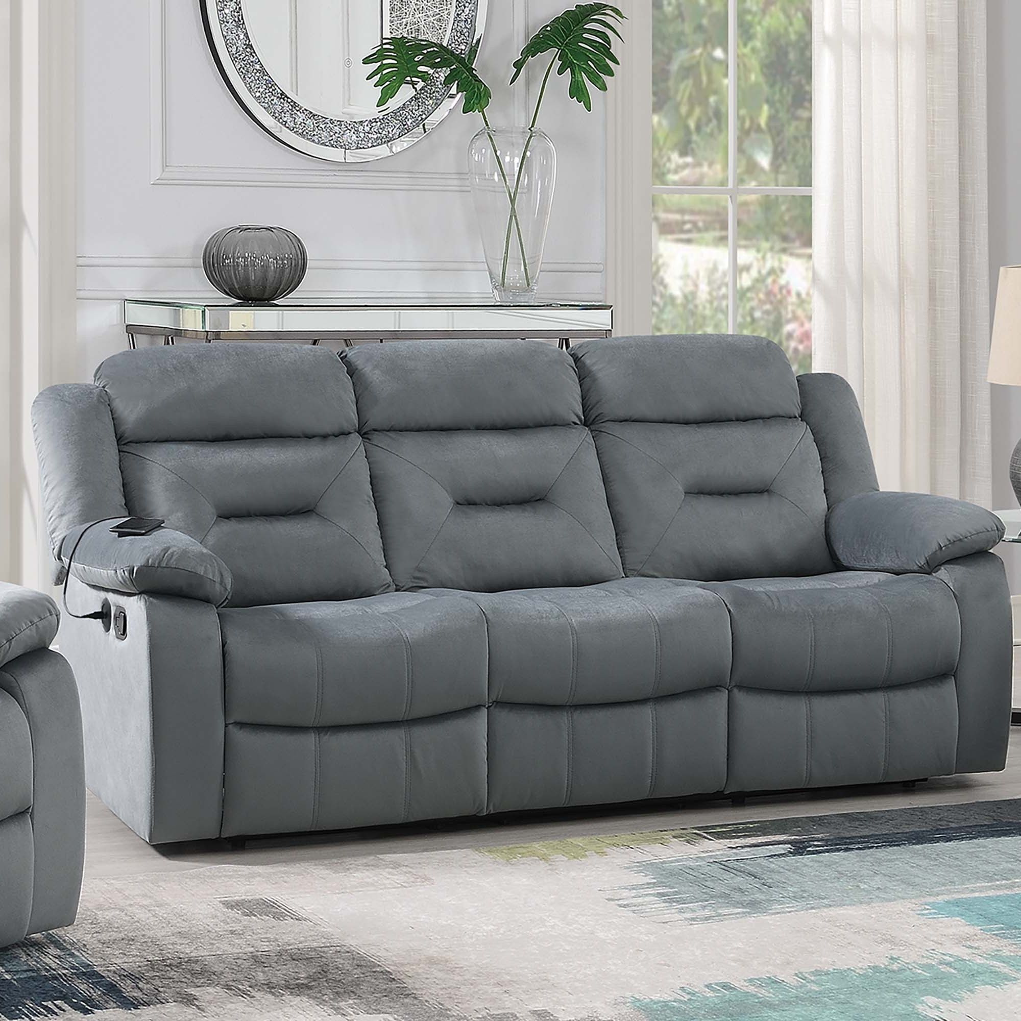 Modern Recliner Sofa With Pillow Arms, Plush Backrest, Horizontal Tufting, USB Charging Port