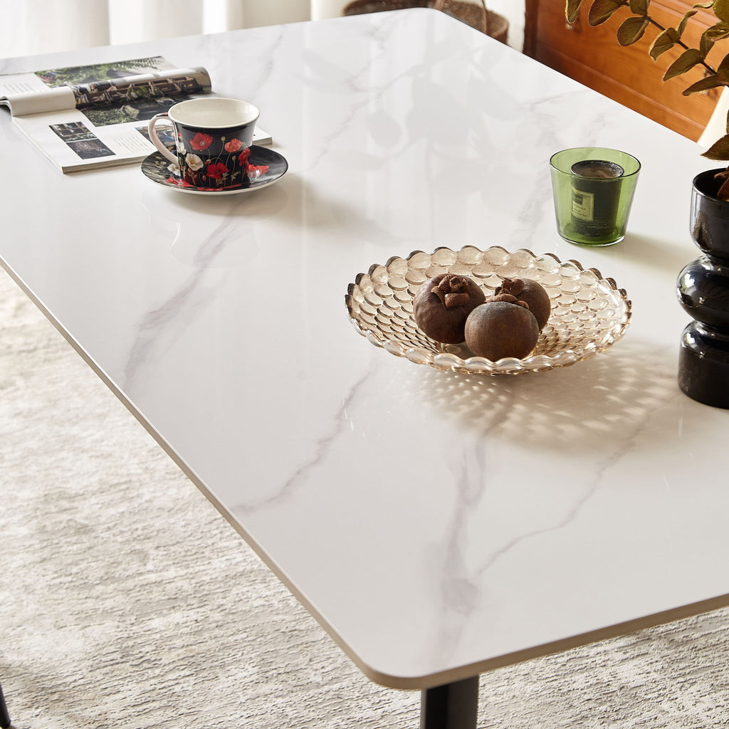 Dining Table Round White Sintered Stone Top Heavy Duty Metal Legs Waterproof Surface For Kitchen Dining Room Or Office Furniture - White / Black
