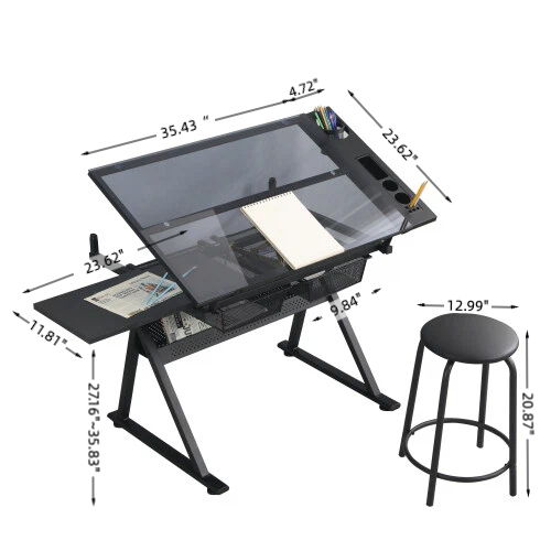 Adjustable Tempered Glass Drafting Printing Table With Chair