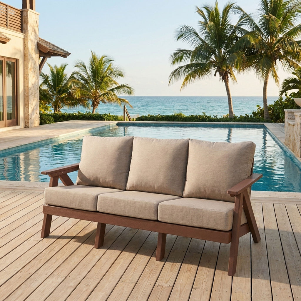 Outdoor Patio 3 Seat Sofa With Sunbrella Cushions - Brown