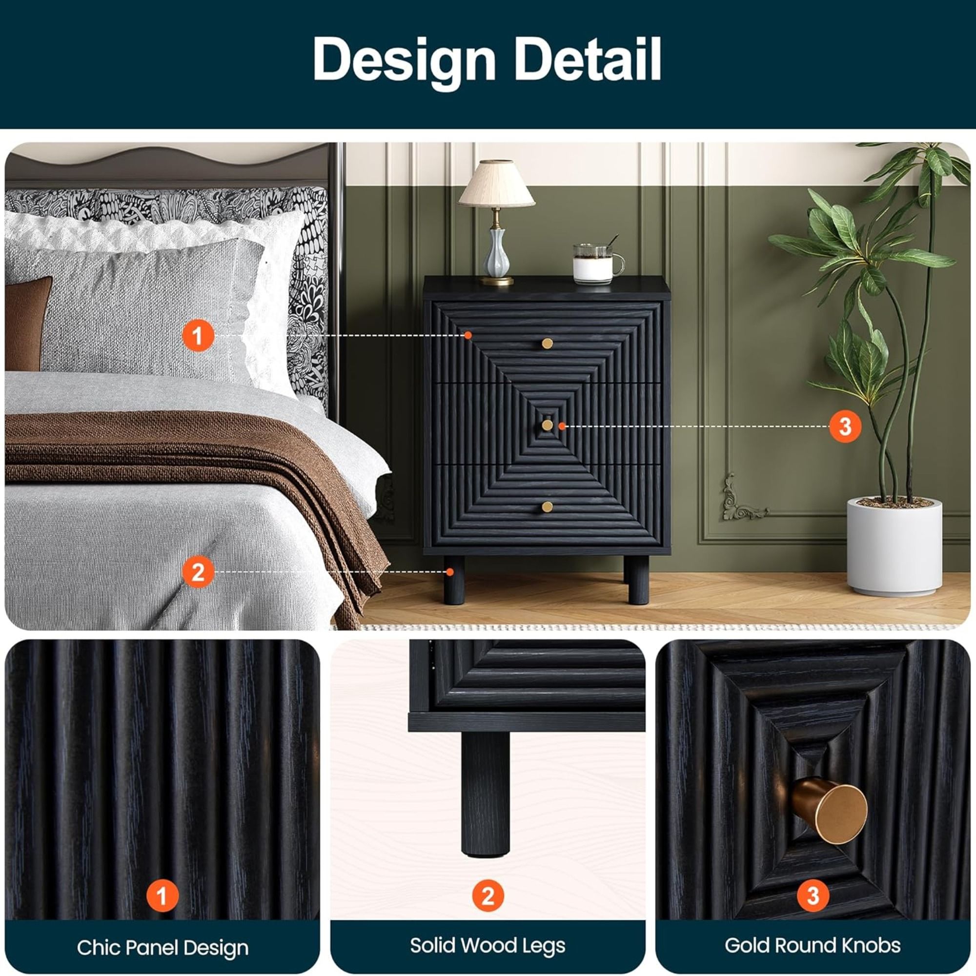 3 Drawer Nightstand - Black - Wood