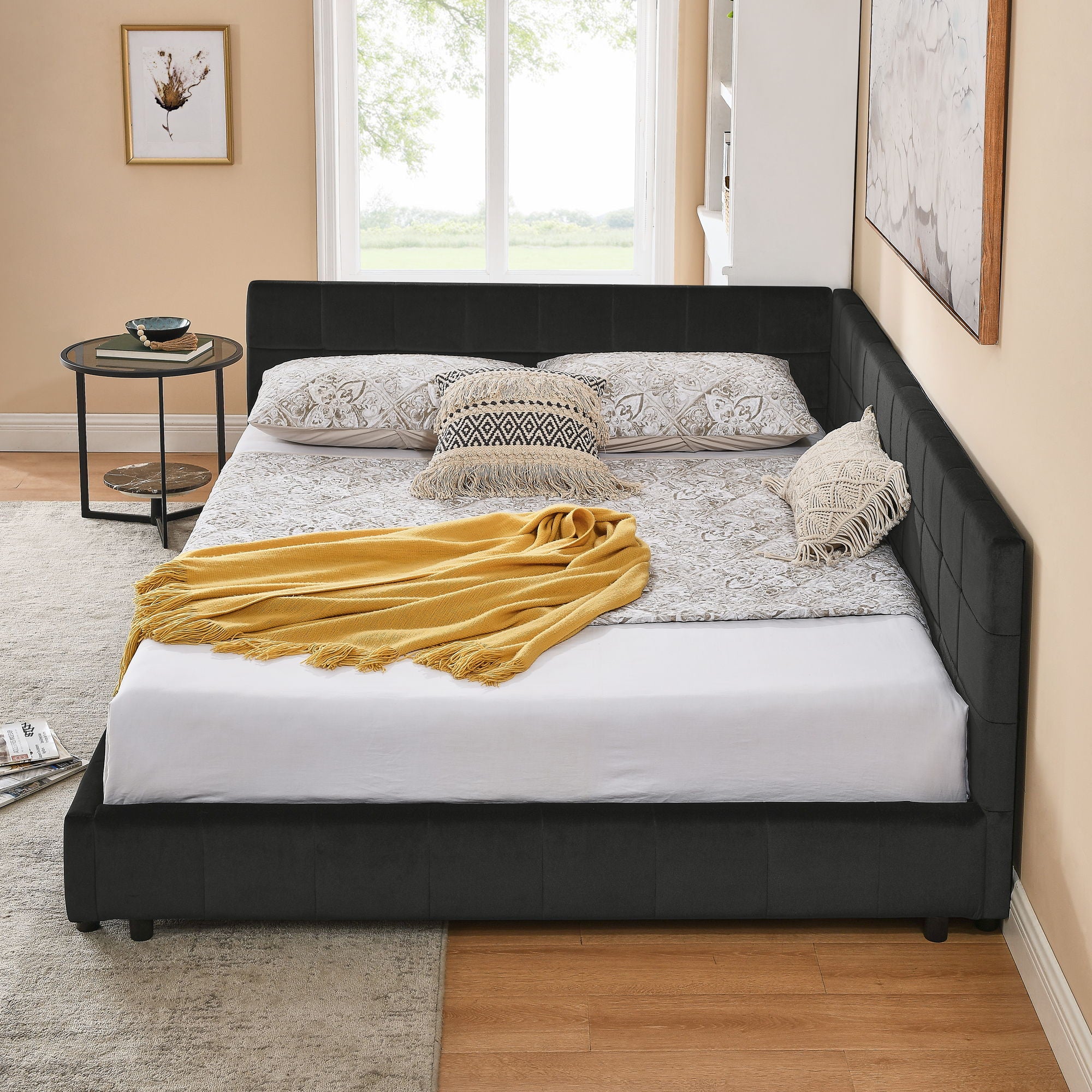 Storage Elegant Upholstered Tufted Bed Frame With Backrest And Armrests