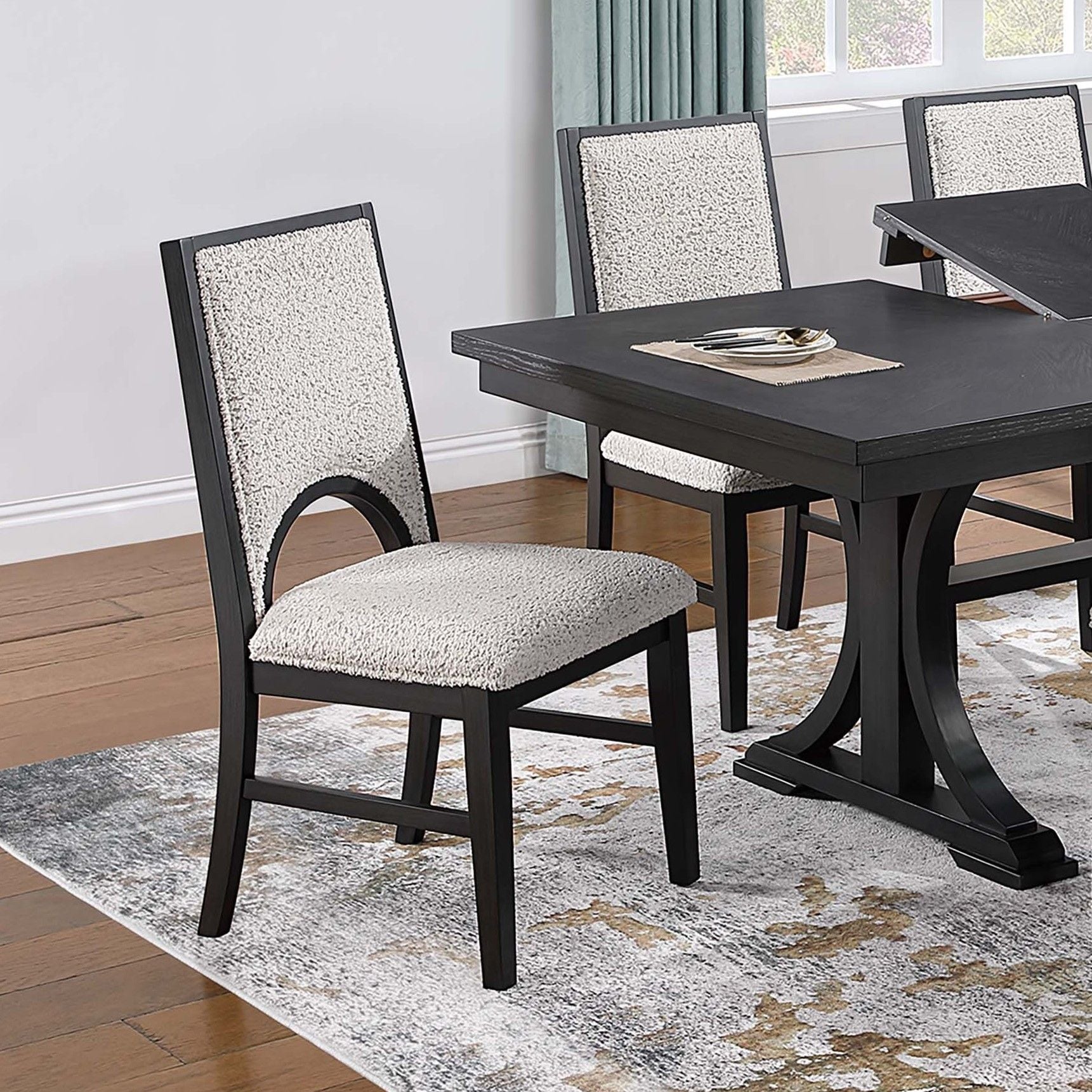 7 Piece Set, Trestle Dining Table And 6 Side Chairs With Cutout Back - Black / Charcoal / White