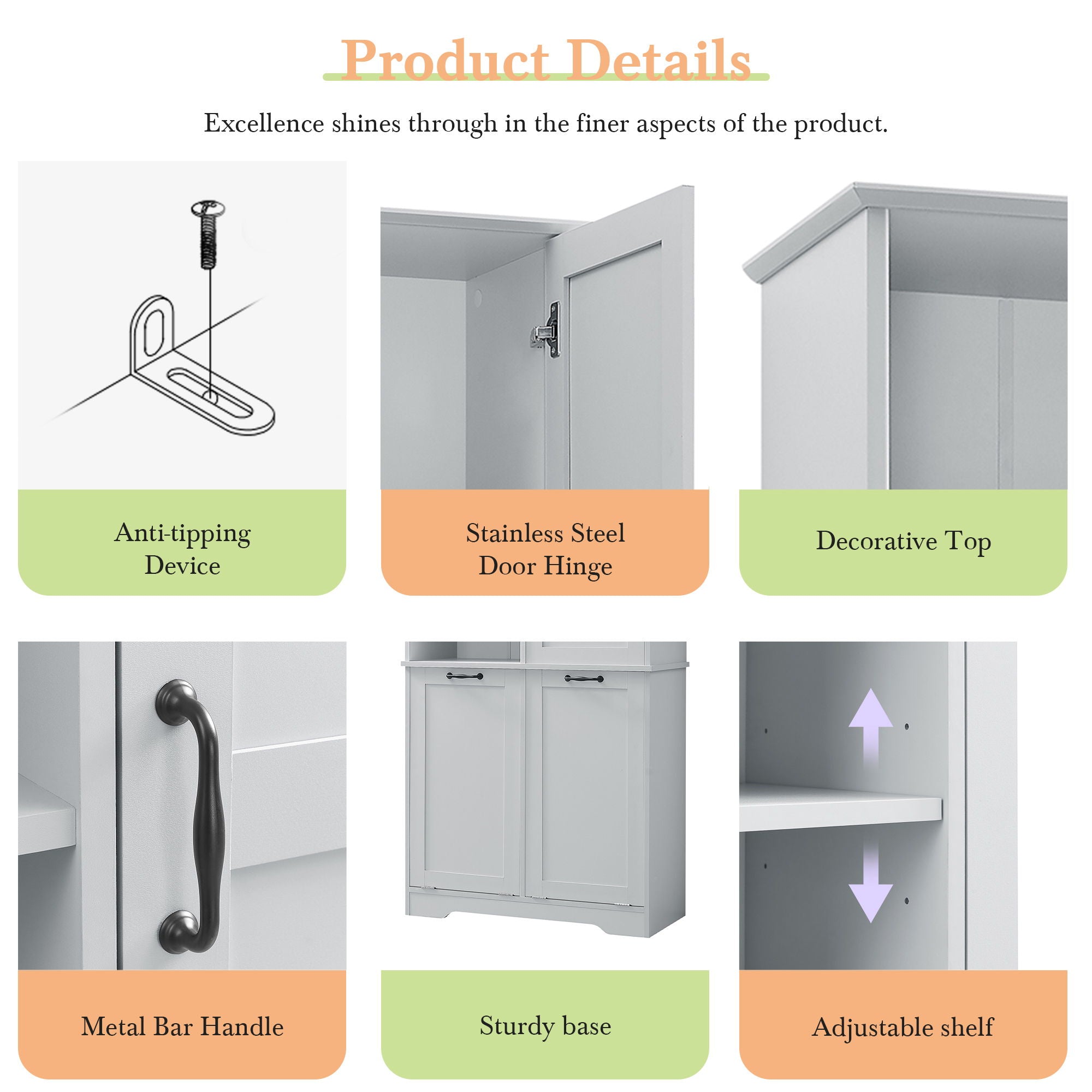 Freestanding Bathroom Storage Cabinet With Doors And Drawers, Adjustable Shelves, Tilt-Out Laundry Hamper