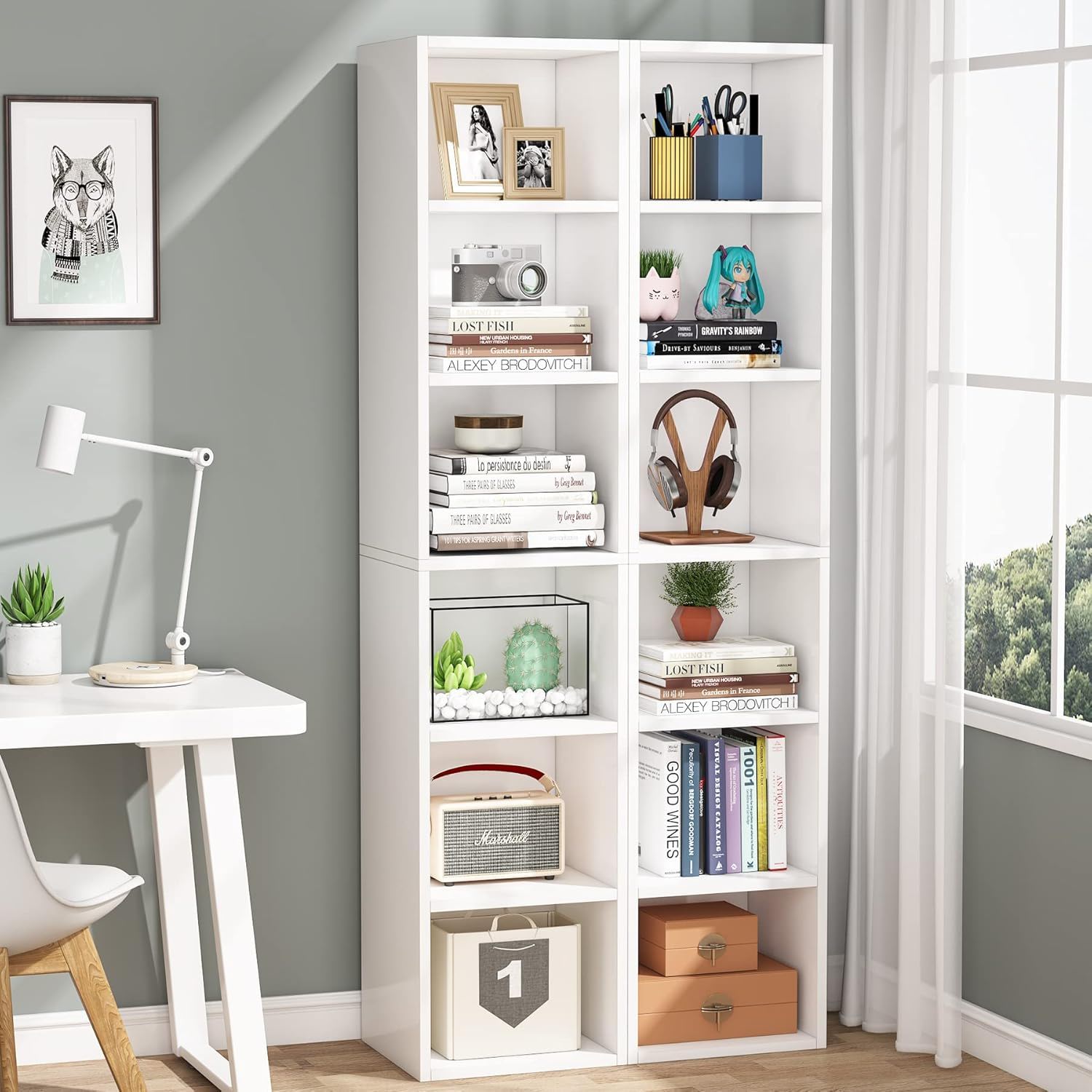 6 Tier Narrow Corner Cube Bookcase Storage, Freestanding Shelf With Open Cubes For Living Room