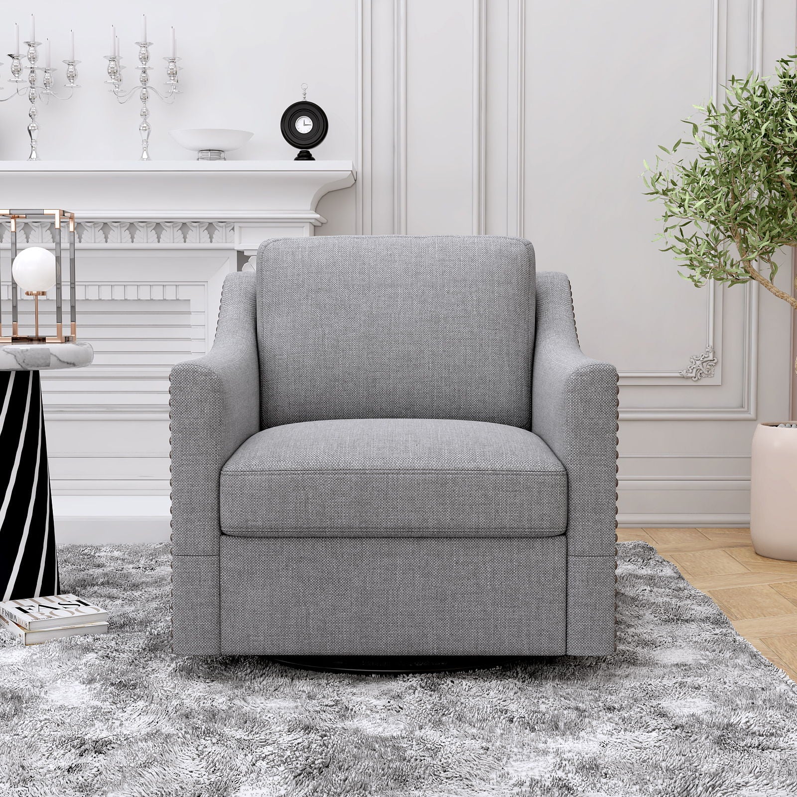 360 Degree Swivel Armchair, Skin Friendly Fabric, Ergonomic Design, Brass Nail Decorative Armchair