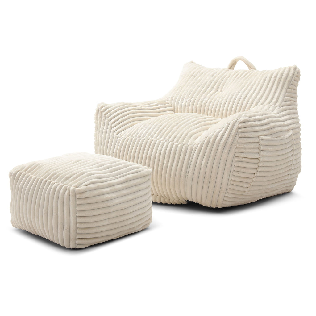 Giant Plush Bean Bag Chair For Adults With Armrests And Footstool - Beige