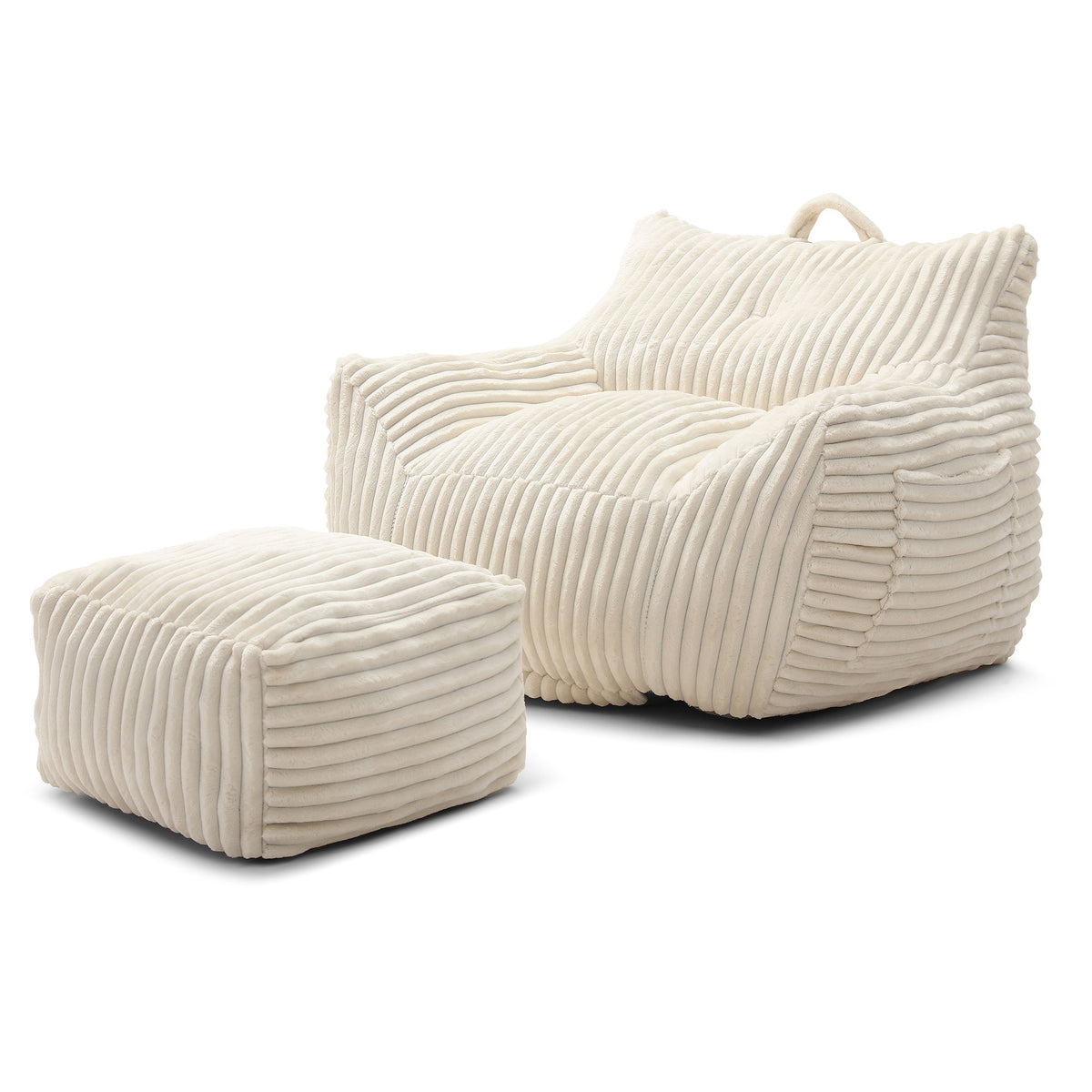 Giant Plush Bean Bag Chair For Adults With Armrests And Footstool - Beige