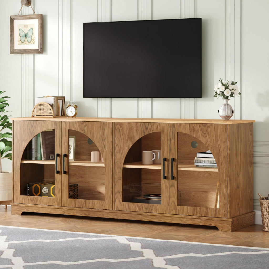 TV Stand With Semi Arched Glass Doors, Media Console With Adjustable Shelves For Living Room - Brown