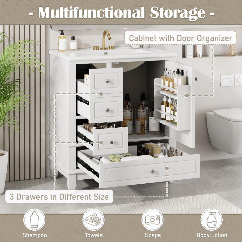 Freestanding Bathroom Vanity With Sink, Soft Close Door, 3 Drawers