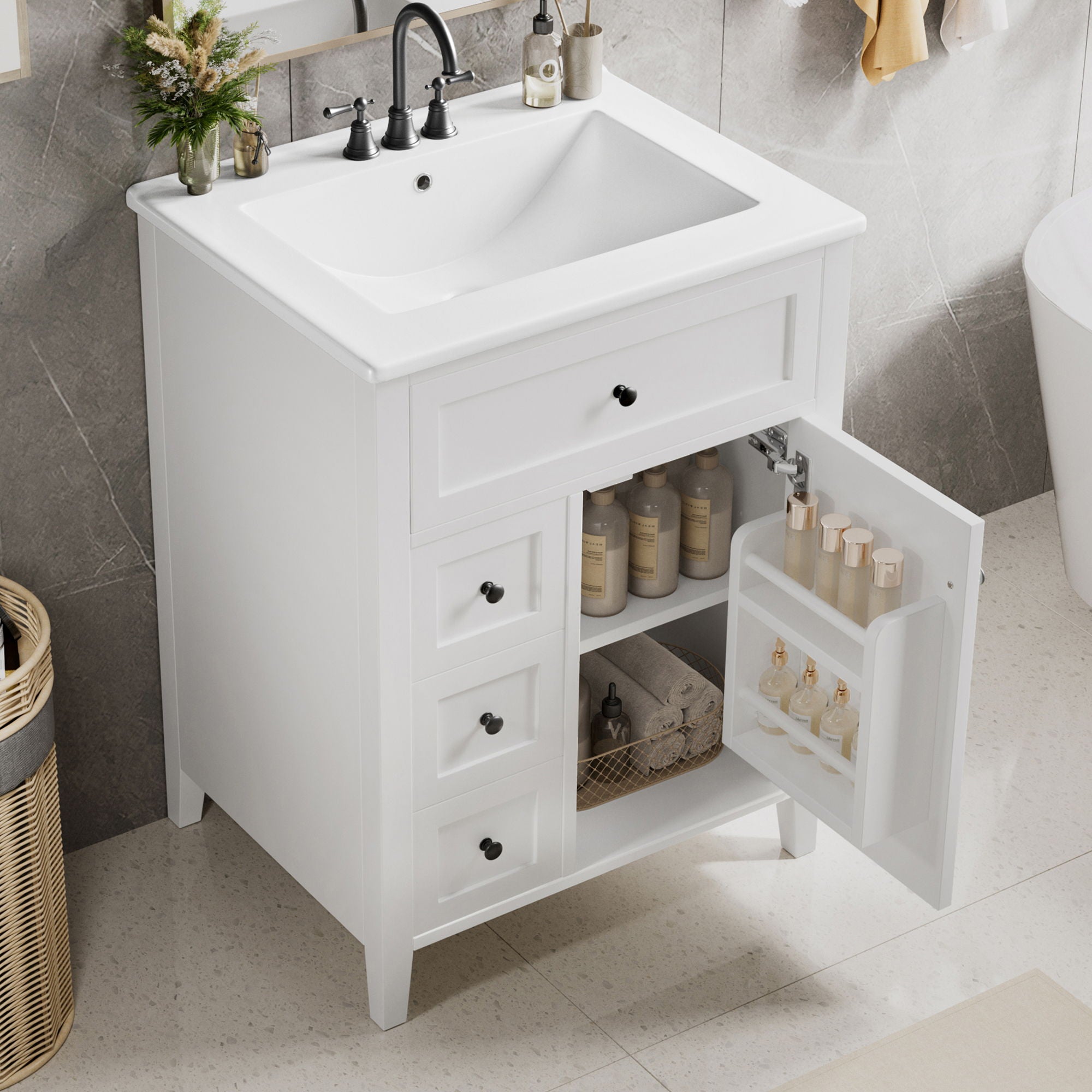Bathroom Vanity With Sink, 3 Drawers & Cabinet With Adjustable Shelves