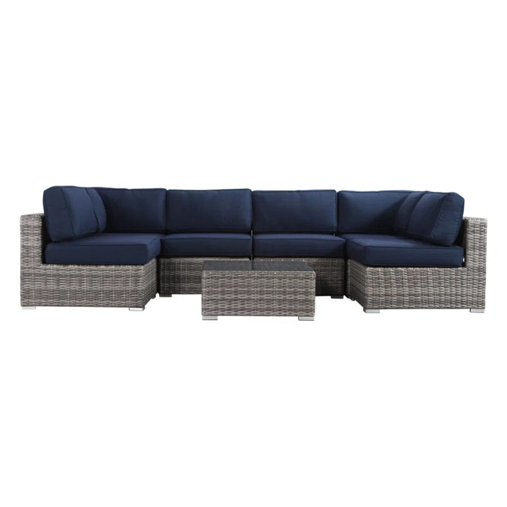 6 Person Outdoor Sofa Set With Premium Cushions, All Weather Wicker - Dark Blue / Gray Mix