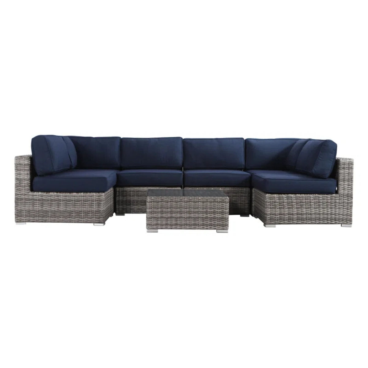 6 Person Outdoor Sofa Set With Premium Cushions, All Weather Wicker - Dark Blue / Gray Mix