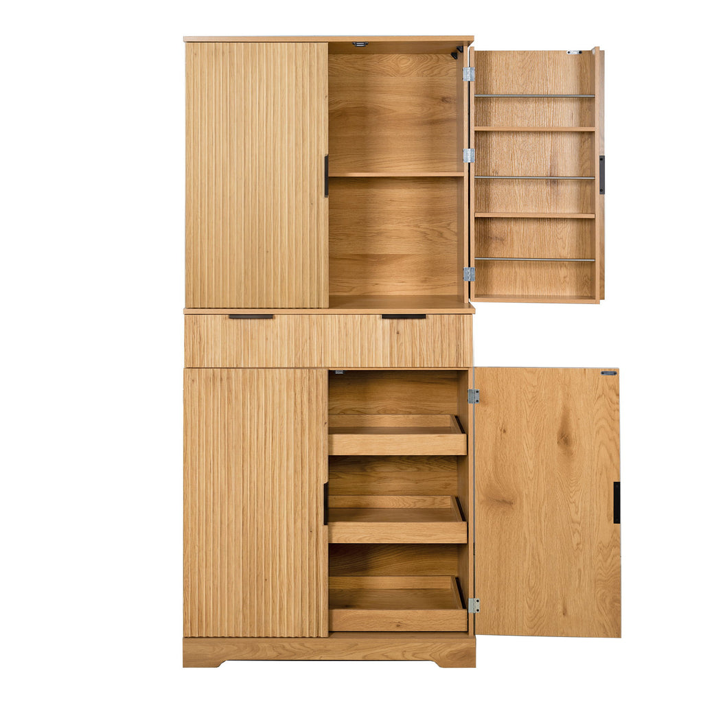 Fluted Kitchen Pantry Cabinet With 3 Keyboard Drawers & 6 Door Shelves Adjustable