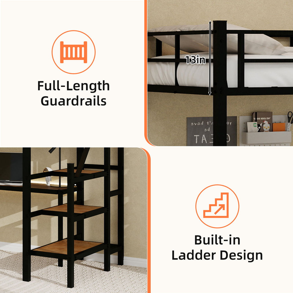 Loft Bed & L-Shaped Desk, Large Storage Space