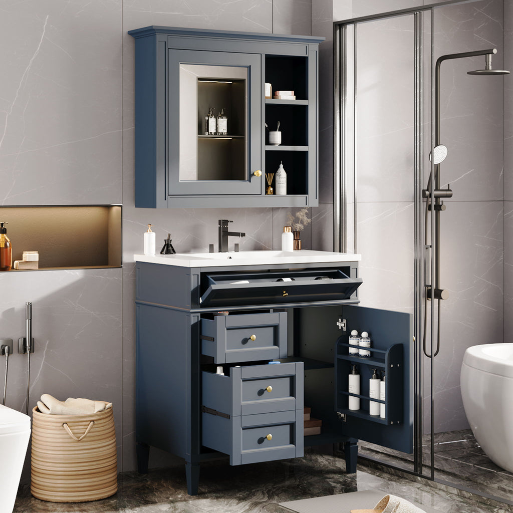 Bathroom Vanity With Medicine Cabinet, Royal Mirror Cabinet, Modern Bathroom Storage Cabinet With 2 Soft Closing Doors And 4 Drawers