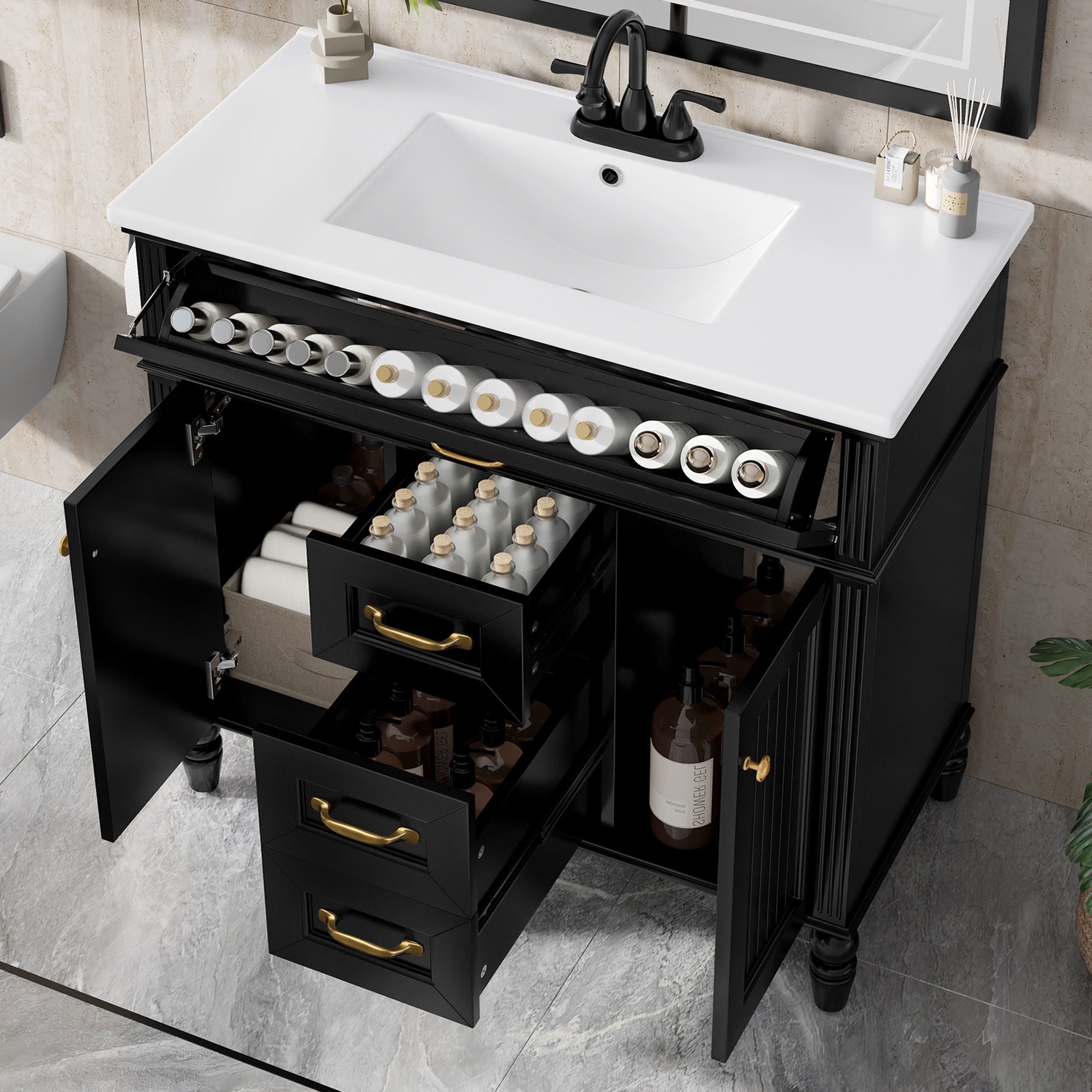 Modern Freestanding Bathroom Vanity With Sink, Cabinet, Soft-Close Drawers, Tip-Out Tray