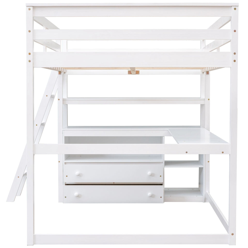 Modern Loft Bed With Built In Desk, Shelves, And 2 Drawers