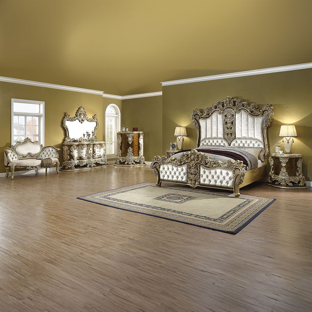 Desiderius - Bench - Beige Fabric, Antique Gold & Hand Paint Brown