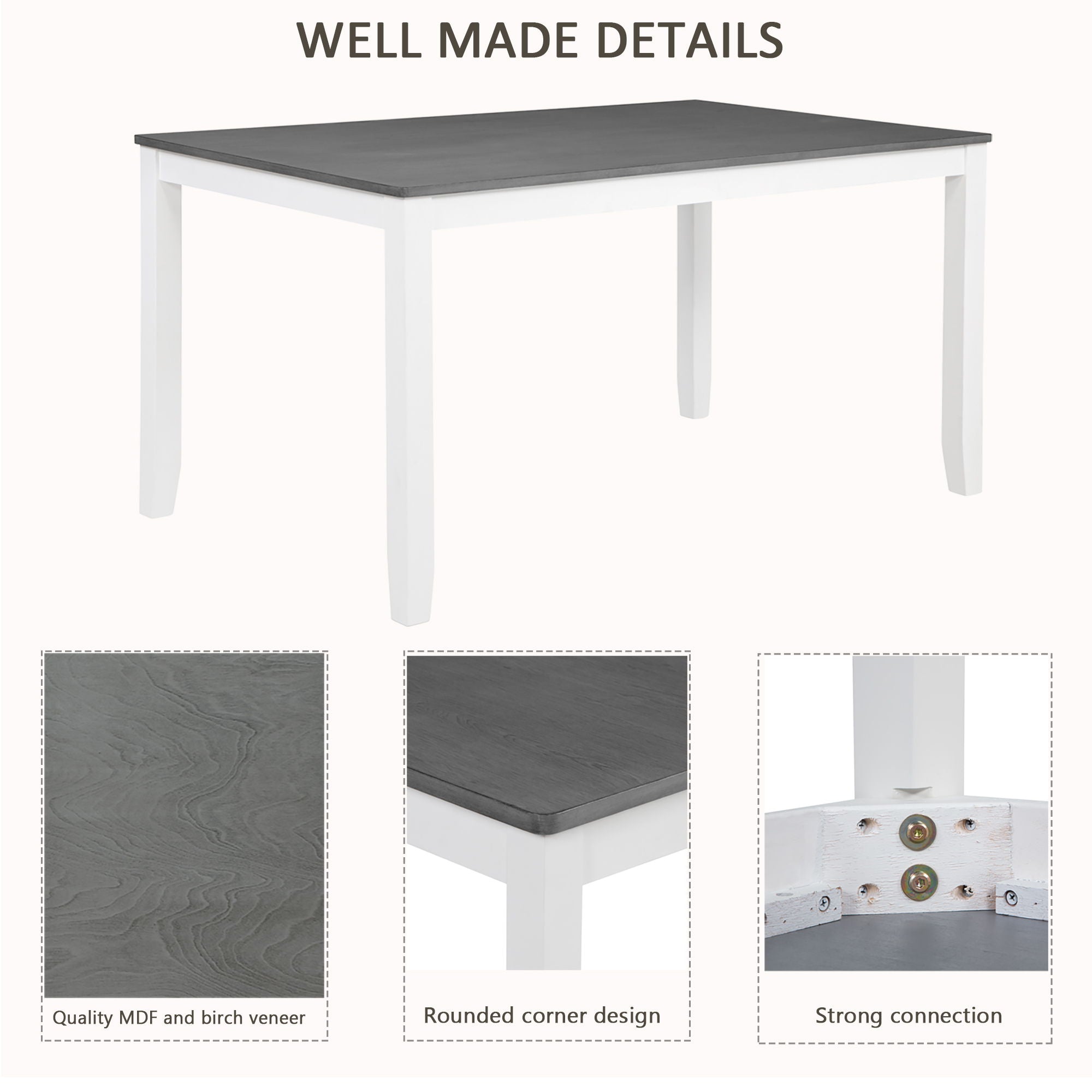 6 Piece Kitchen Dining Set, Rectangular Dining Table With 4 Upholstered Chairs And Bench - Gray / White