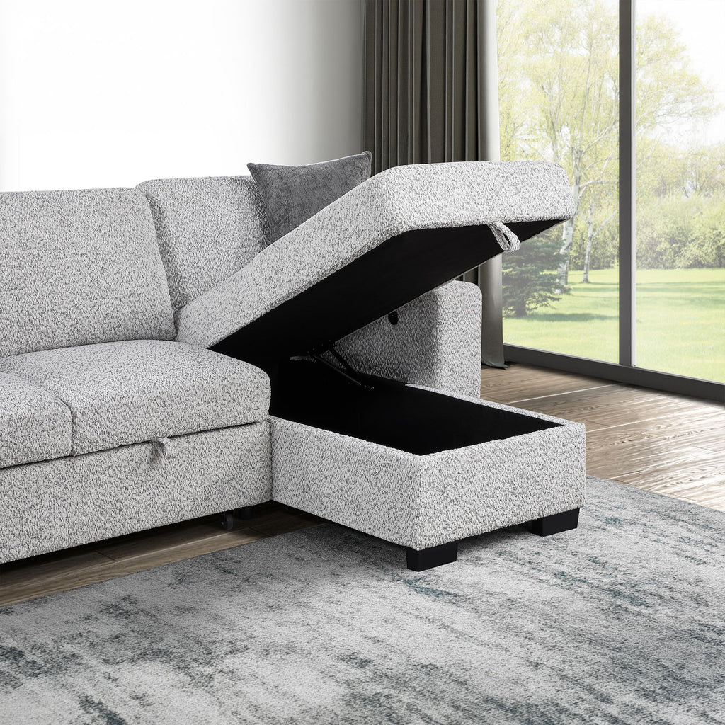 Buzz - Reversible Sleeper Sectional Sofa With Storage Chaise, Console Arm, USB Charging & Cup Holders - Gray
