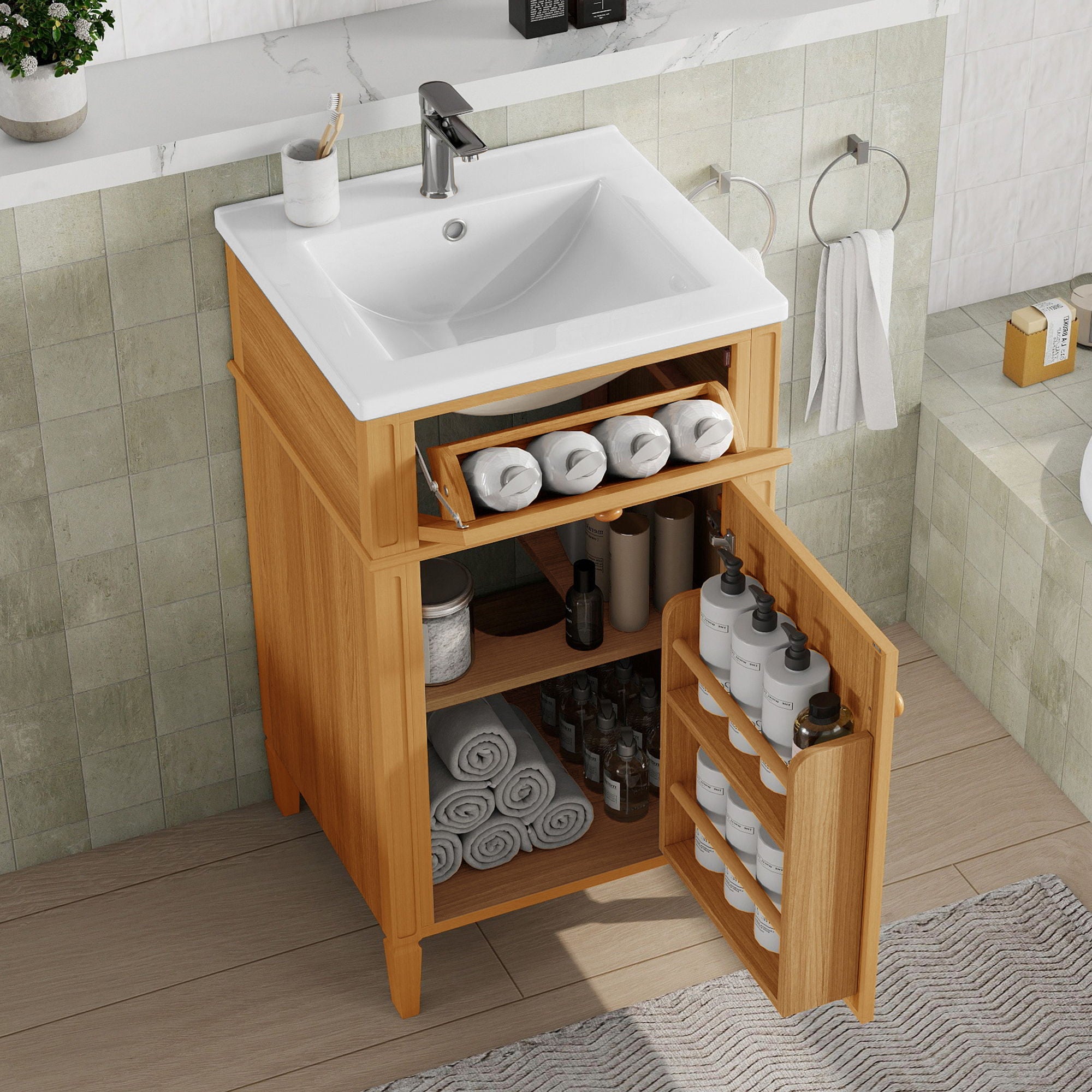 20" Bathroom Vanity With Sink, Adjustable Shelf, Tilt Out Drawer, Freestanding Cabinet - Wood