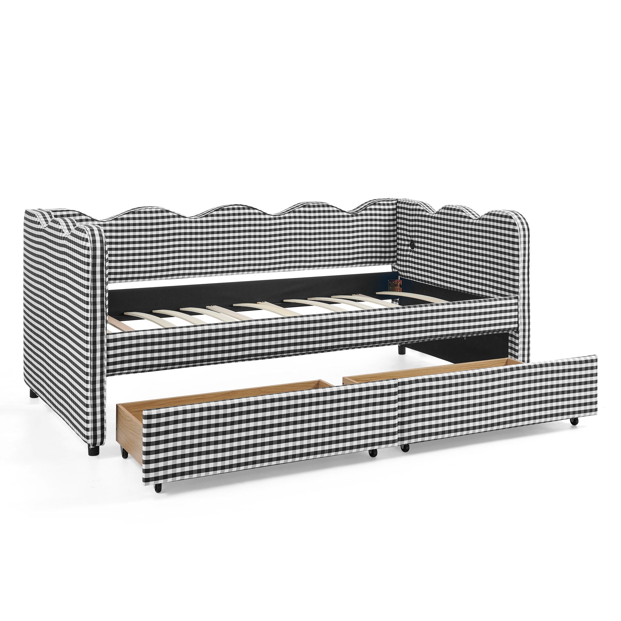 Gingham Daybed With USB Charging Port, Wave-Shaped Design