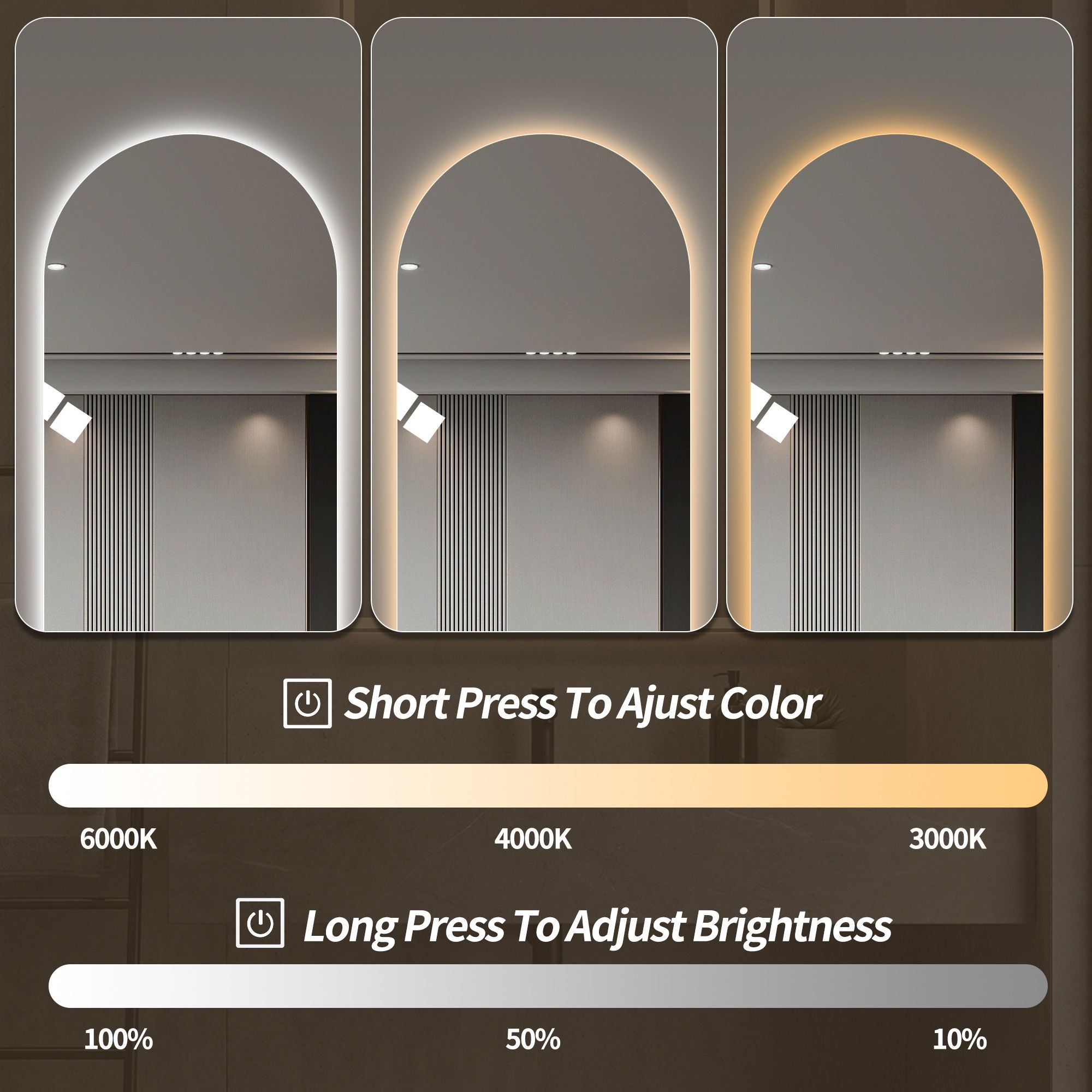 LED Full Length Wall Mirror With Symmetrical Arch Design, Dimmable 3 Color Temperature Lighting - Silver