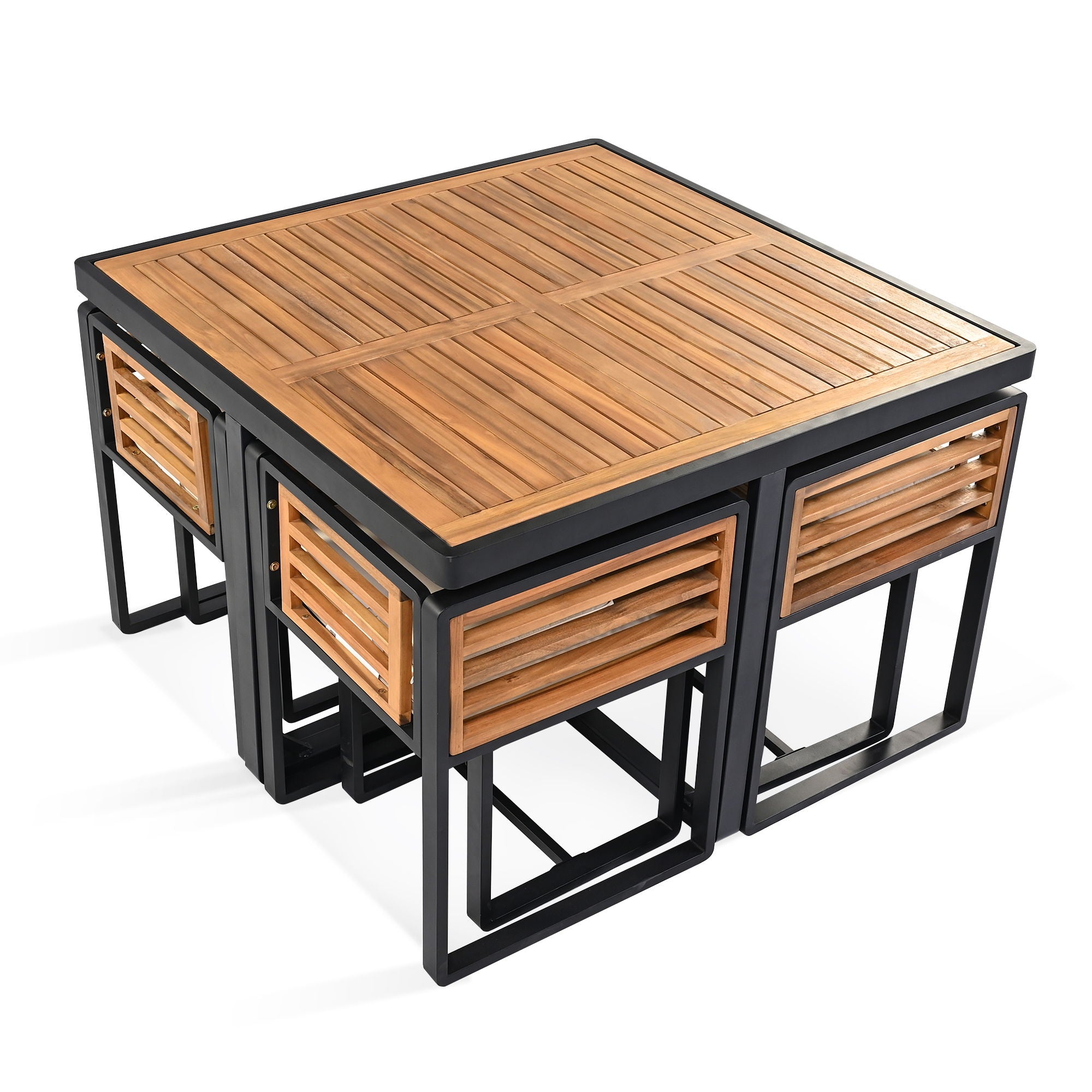 Acacia Wood Patio Dining Set, Cushioned Chairs & Ottomans Square Table